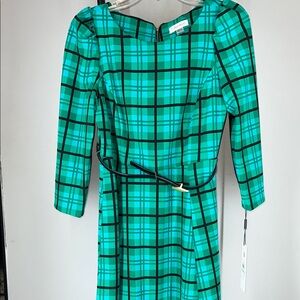 Calvin Klein Green Plaid Long Sleeve Dress